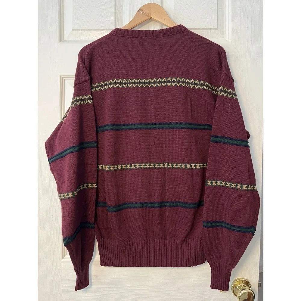 Vintage Chaps Ralph Lauren Sweater Mens‎ M Burgundy Striped Cotton Preppy USA